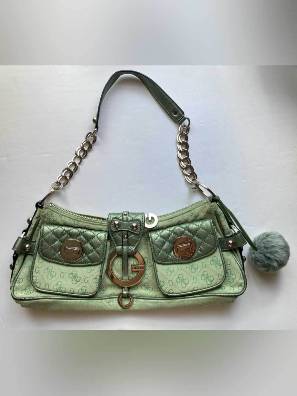 y2k vintage light green Guess shoulder bag with pom pom
